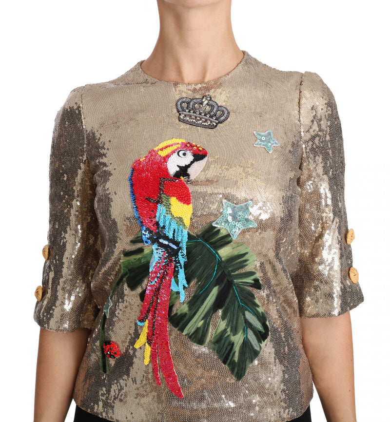 Gold Parrot Motif Crewneck Blouse with Crystals Dolce & Gabbana