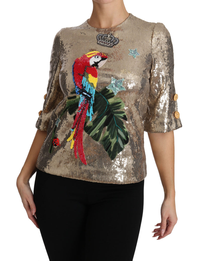 Gold Parrot Motif Crewneck Blouse with Crystals Dolce & Gabbana