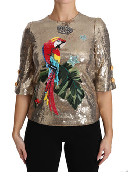 Gold Parrot Motif Crewneck Blouse with Crystals Dolce & Gabbana