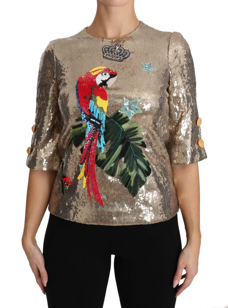 Gold Parrot Motif Crewneck Blouse with Crystals Dolce & Gabbana