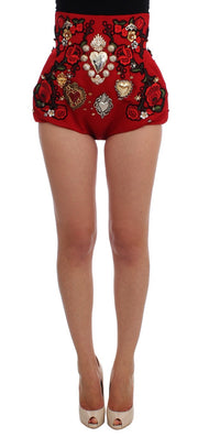 Red Silk Crystal-Embellished Mini Shorts Dolce & Gabbana