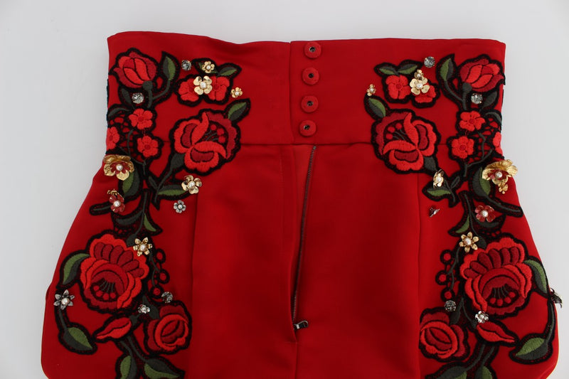 Red Silk Crystal-Embellished Mini Shorts Dolce & Gabbana