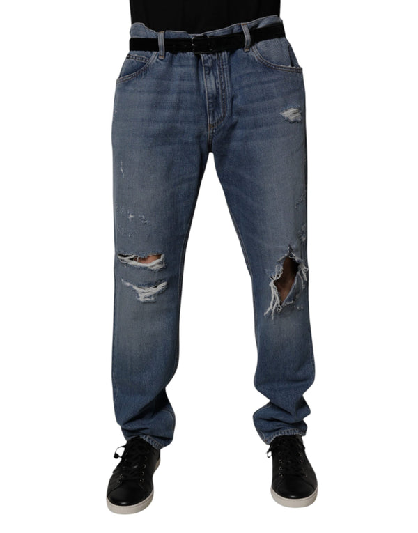 Blue Tattered Cotton Straight Denim Jeans Dolce & Gabbana