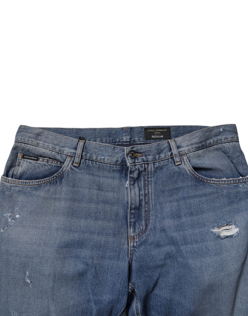 Blue Tattered Cotton Straight Denim Jeans Dolce & Gabbana