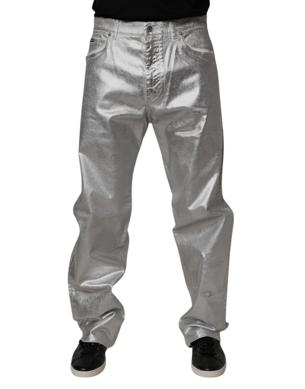 Metallic Silver Cotton Straight Denim Jeans Dolce & Gabbana