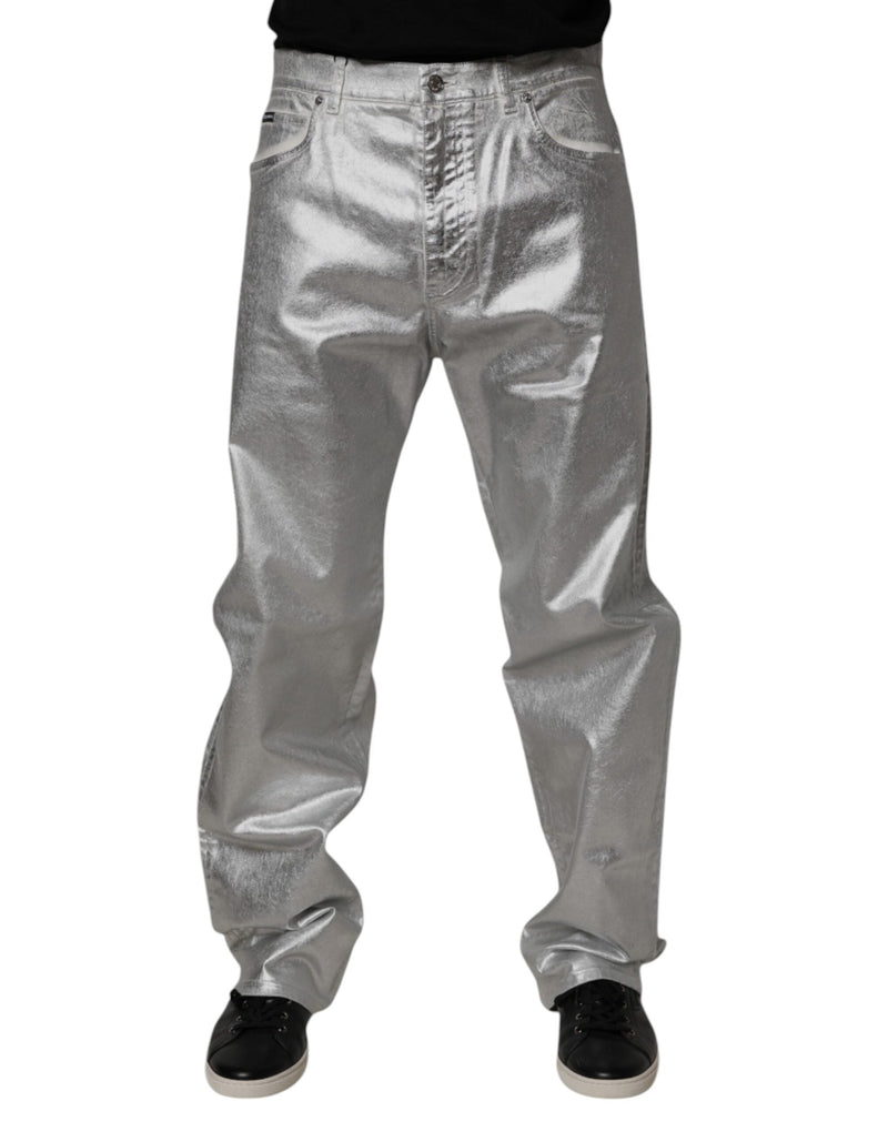 Metallic Silver Cotton Straight Denim Jeans Dolce & Gabbana