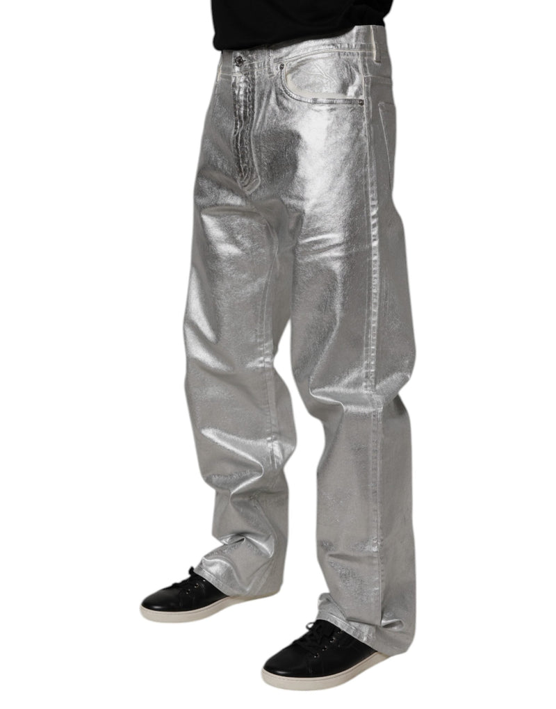 Metallic Silver Cotton Straight Denim Jeans Dolce & Gabbana