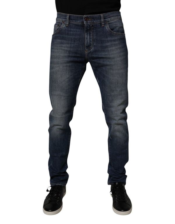 Dark Blue Cotton Leather Skinny Denim Jeans Dolce & Gabbana