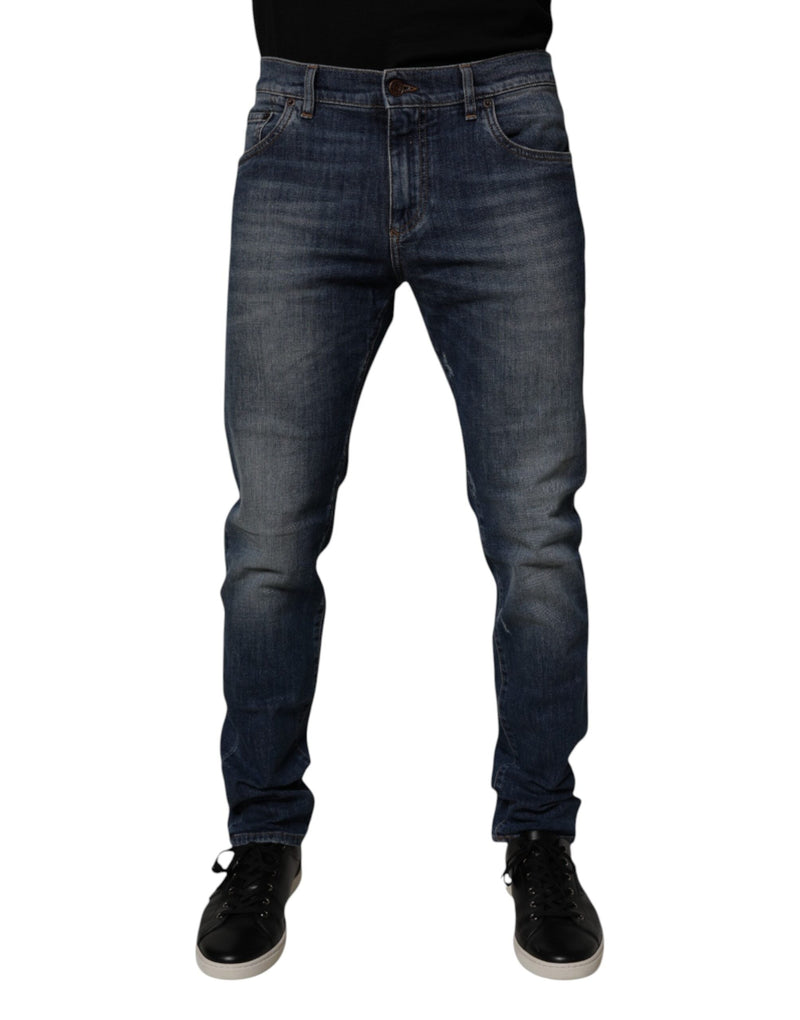Dark Blue Cotton Leather Skinny Denim Jeans Dolce & Gabbana