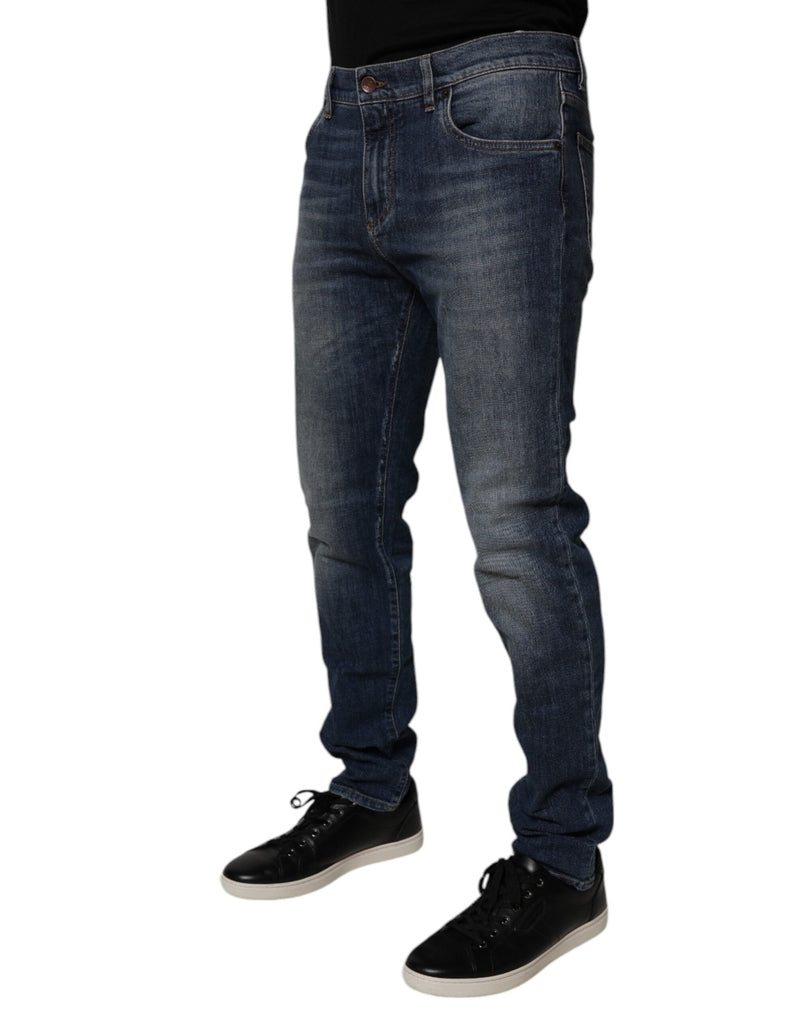 Dark Blue Cotton Leather Skinny Denim Jeans Dolce & Gabbana