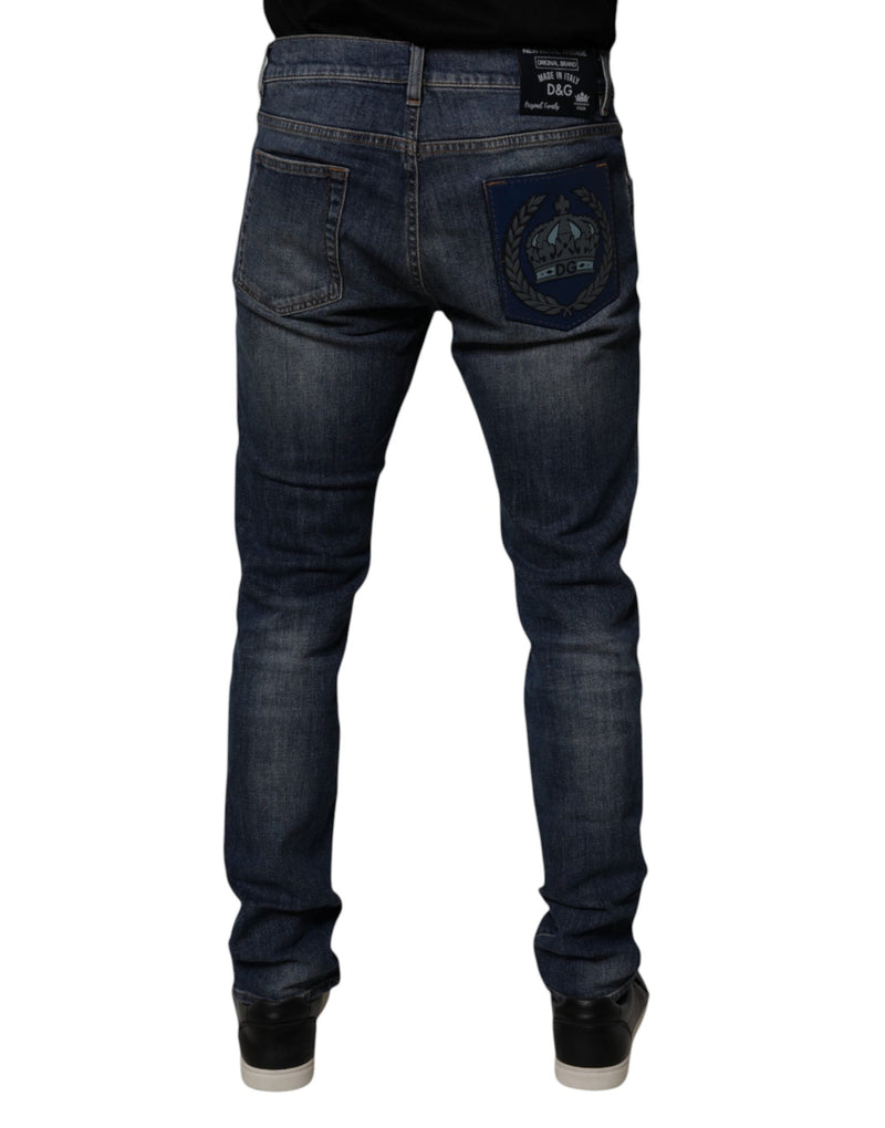 Dark Blue Cotton Leather Skinny Denim Jeans Dolce & Gabbana