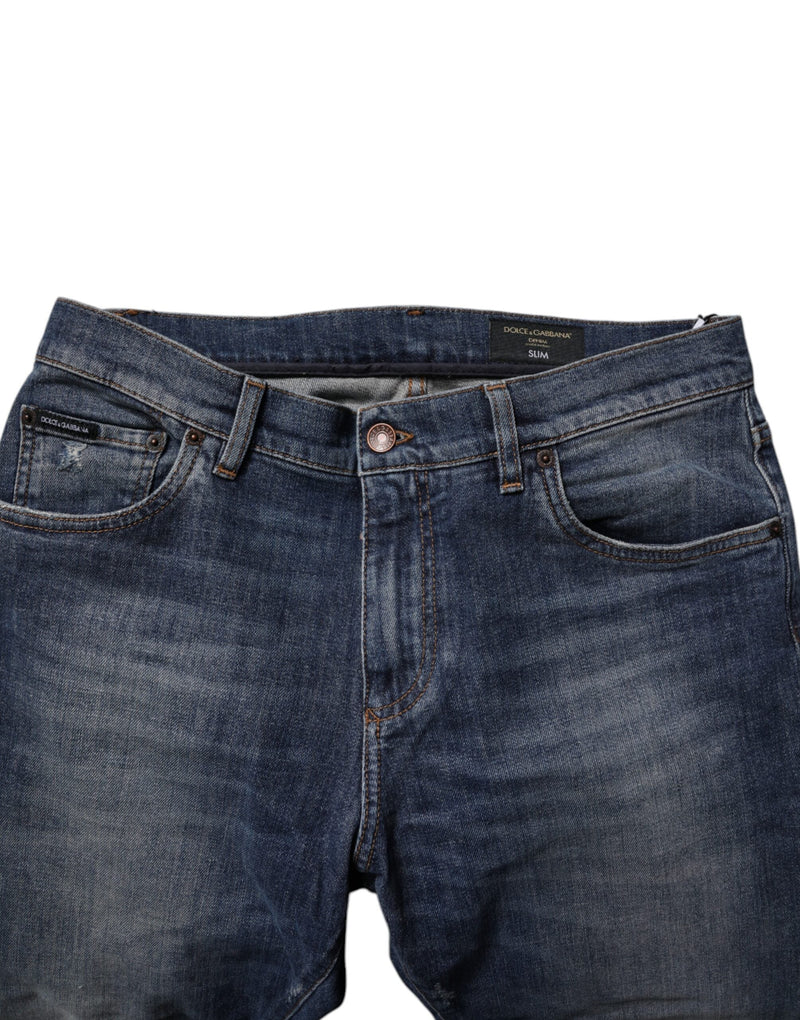 Dark Blue Cotton Leather Skinny Denim Jeans Dolce & Gabbana
