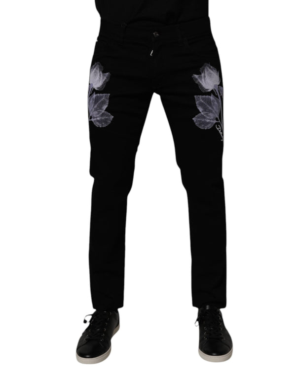 Black Floral Cotton Skinny Men Denim Jeans Dolce & Gabbana