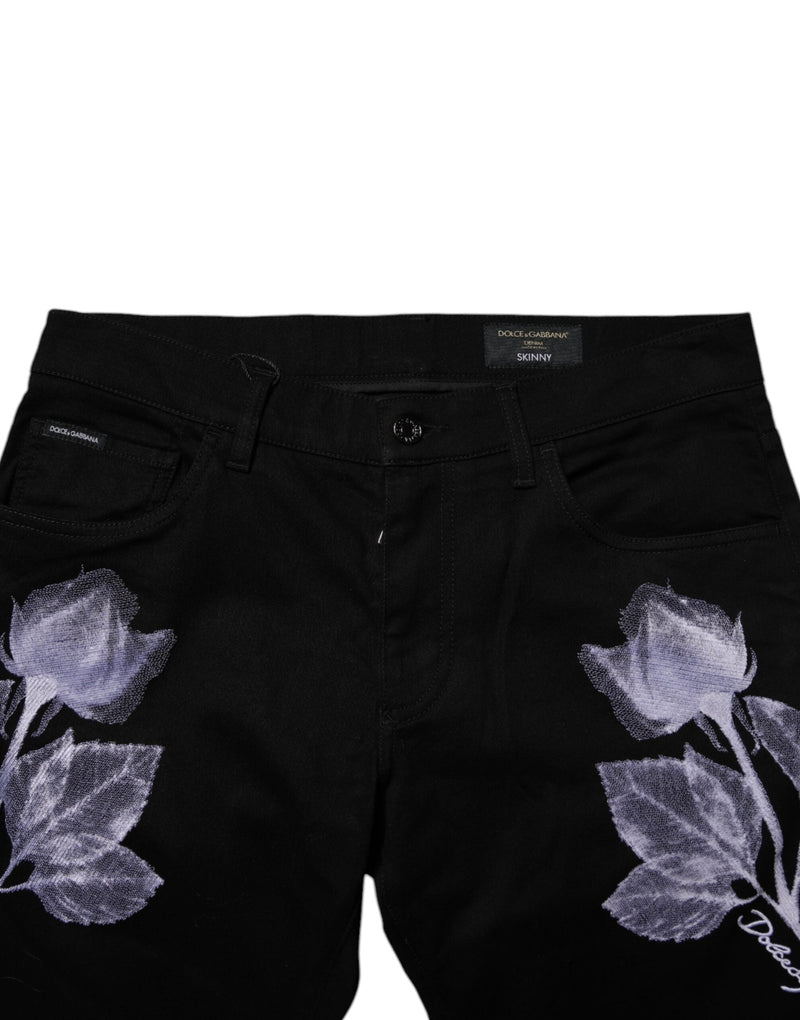 Black Floral Cotton Skinny Men Denim Jeans Dolce & Gabbana