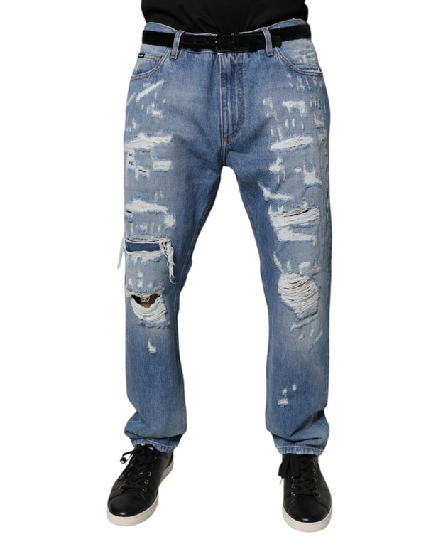 Blue Tattered Straight Cotton Denim Jeans Dolce & Gabbana
