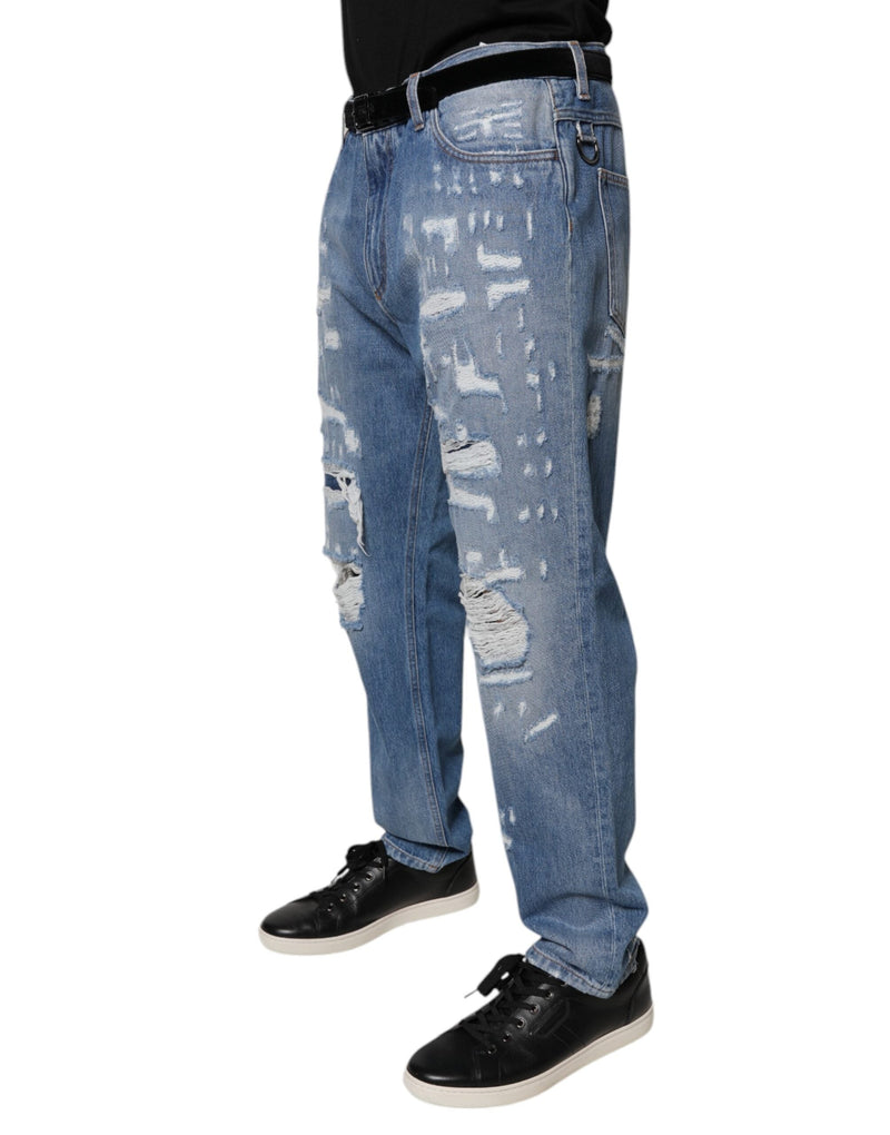 Blue Tattered Straight Cotton Denim Jeans Dolce & Gabbana