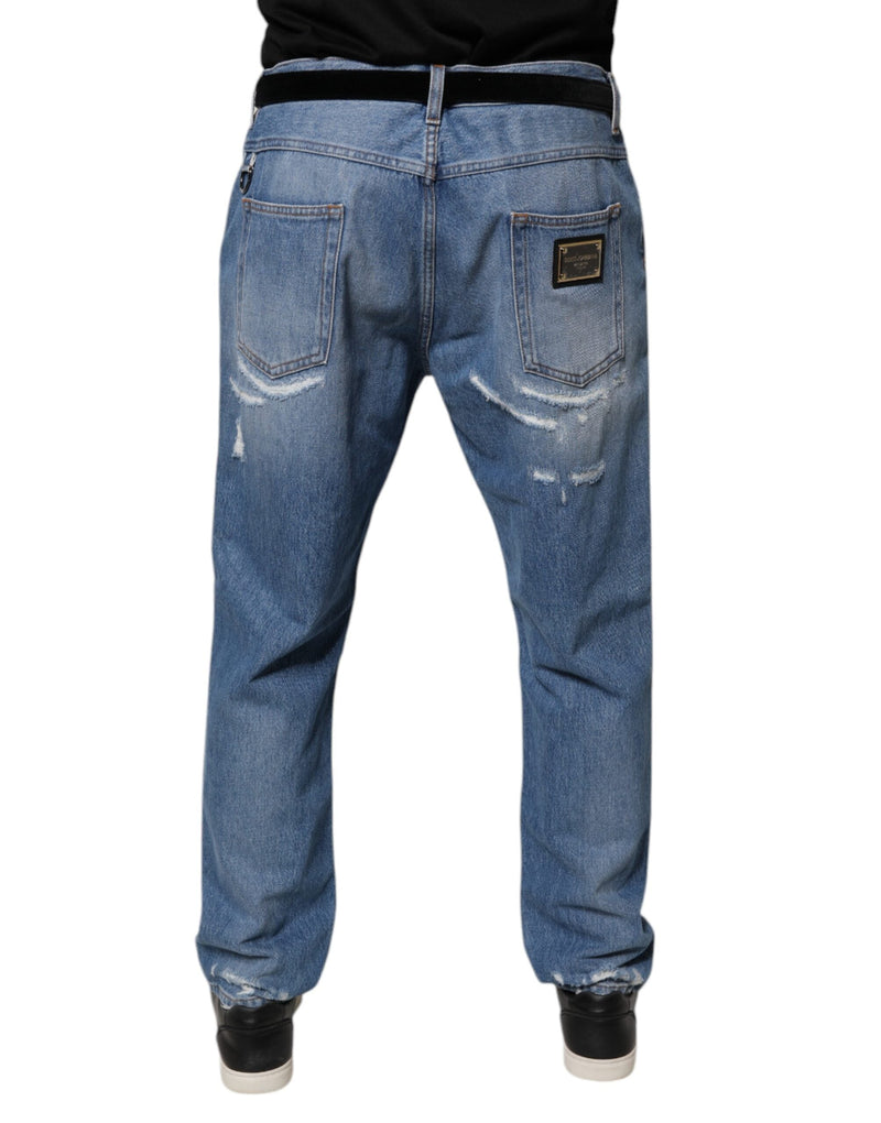 Blue Tattered Straight Cotton Denim Jeans Dolce & Gabbana