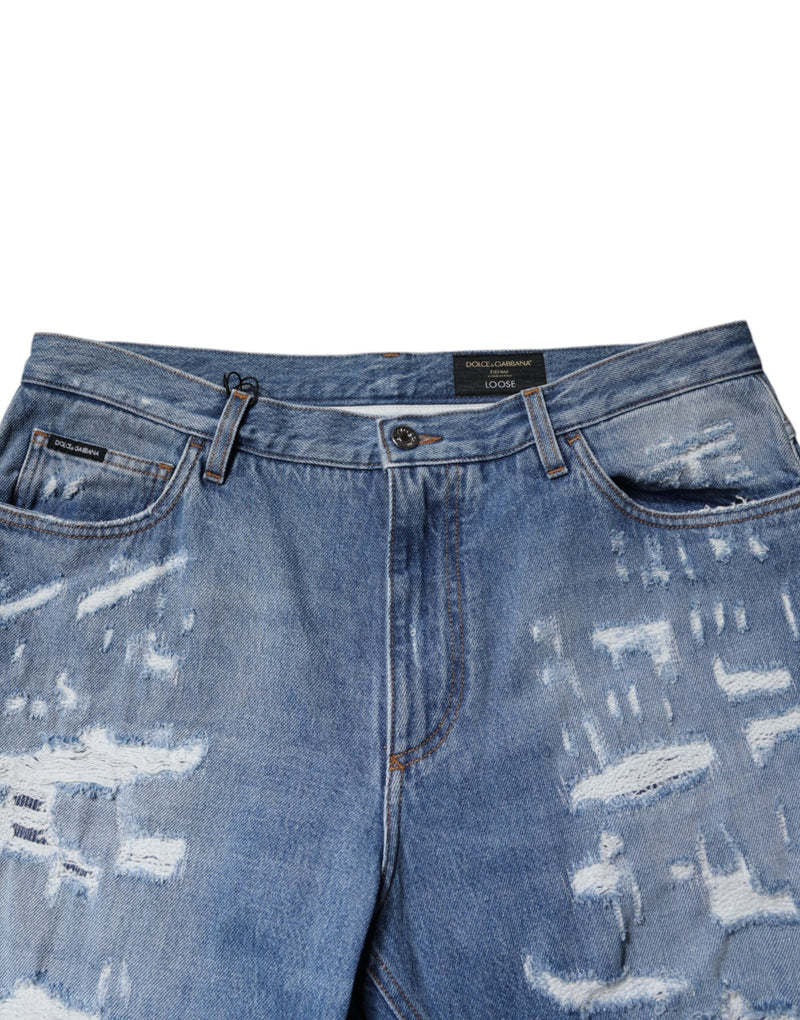 Blue Tattered Straight Cotton Denim Jeans Dolce & Gabbana