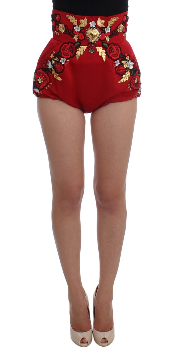 Red Silk Crystal-Embellished High Waist Shorts Dolce & Gabbana