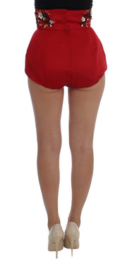 Red Silk Crystal-Embellished High Waist Shorts Dolce & Gabbana