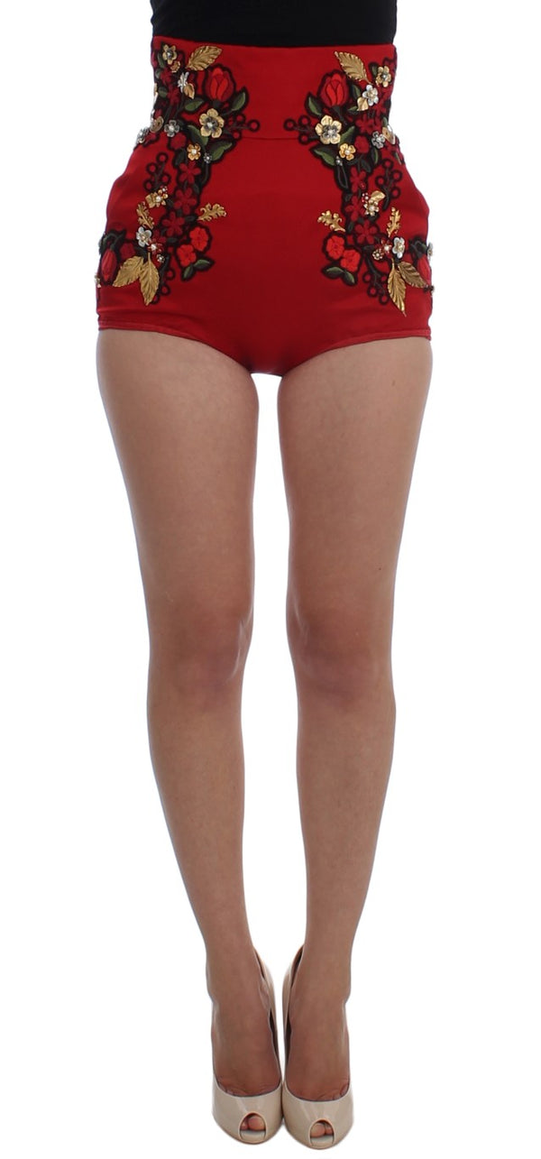 Elegant Silk Red Embroidered Mini Shorts Dolce & Gabbana