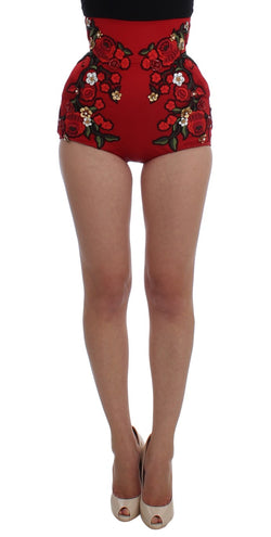 Glamorous Red Silk Floral Embroidered Shorts Dolce & Gabbana