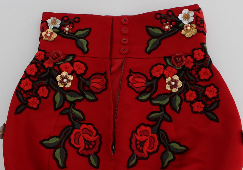 Glamorous Red Silk Floral Embroidered Shorts Dolce & Gabbana