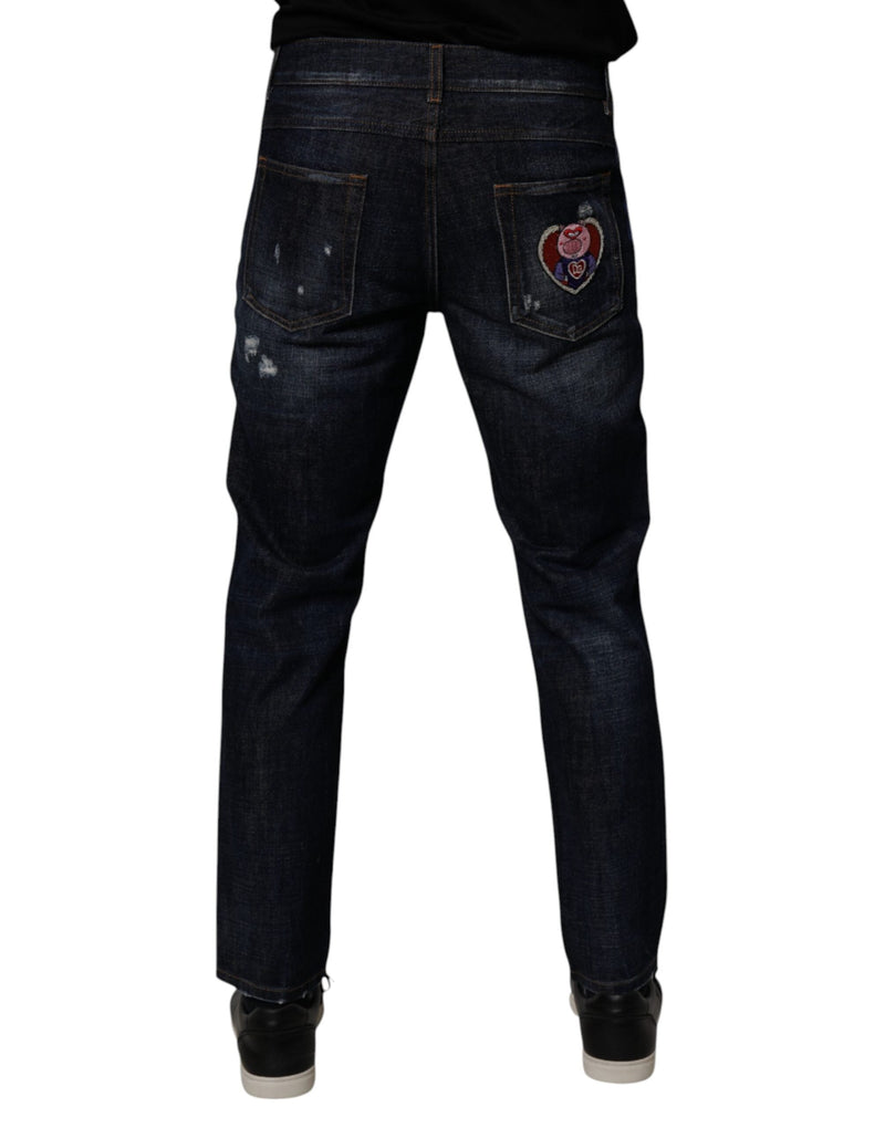 Dark Blue Cotton Tattered Skinny Denim Jeans Dolce & Gabbana