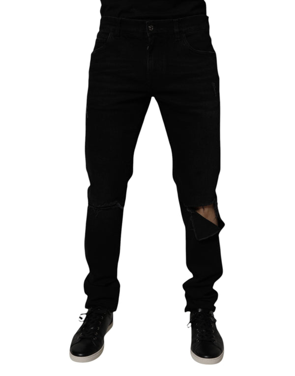 Black Cotton Tattered Skinny Men Denim Jeans Dolce & Gabbana