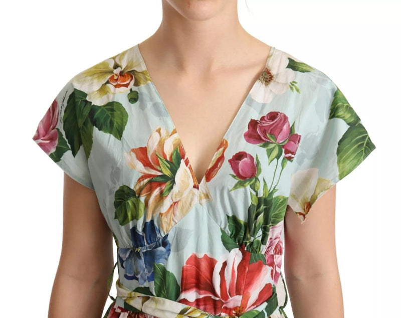 Green Floral Short Sleeves Cotton V-neck Dress Dolce & Gabbana