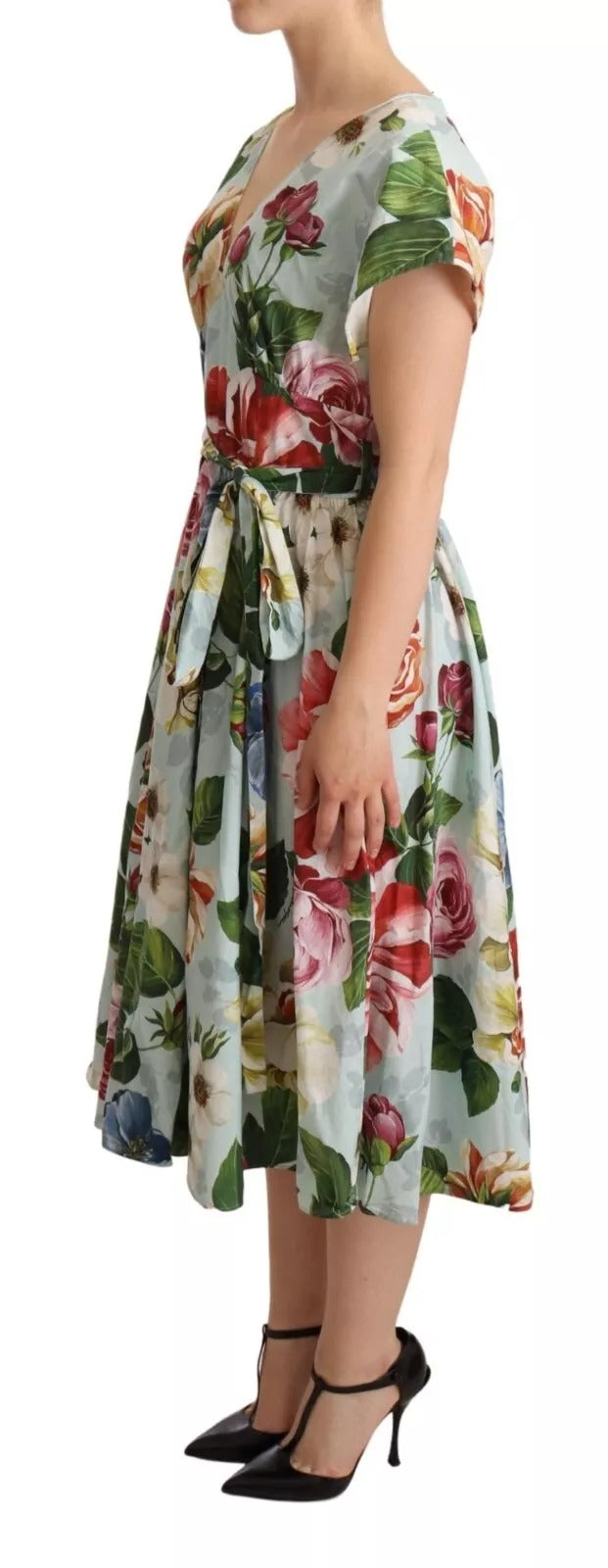 Green Floral Short Sleeves Cotton V-neck Dress Dolce & Gabbana