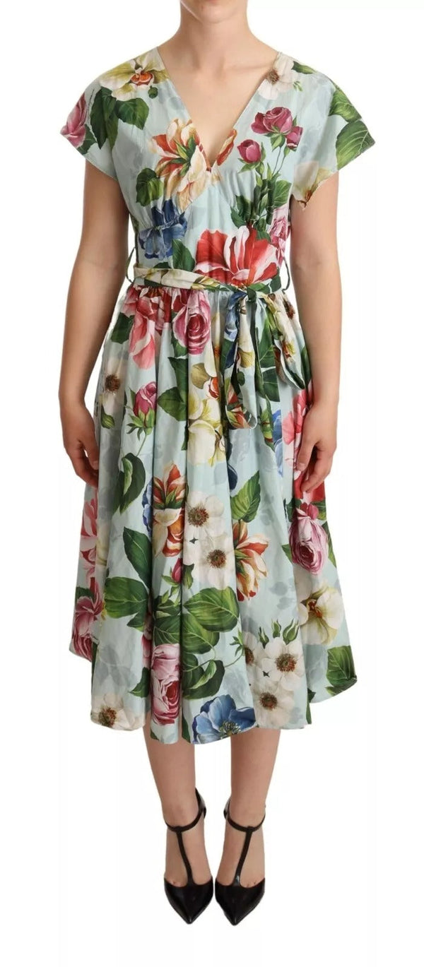 Green Floral Short Sleeves Cotton V-neck Dress Dolce & Gabbana
