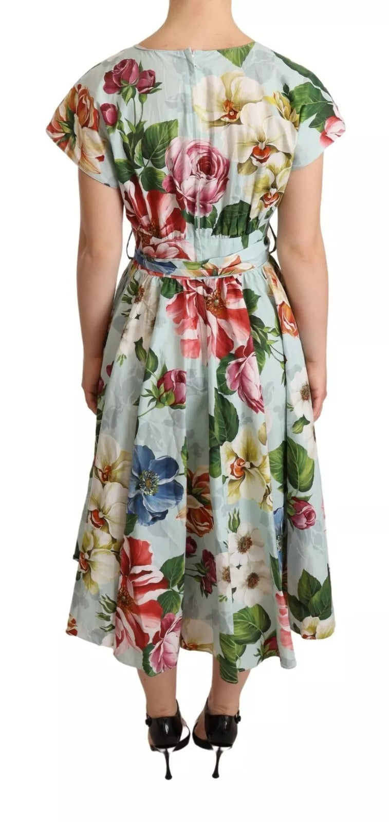 Green Floral Short Sleeves Cotton V-neck Dress Dolce & Gabbana