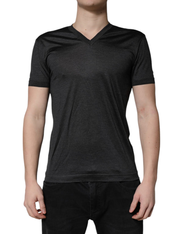 Dark Gray Silk V-neck Short Sleeves T-shirt Dolce & Gabbana