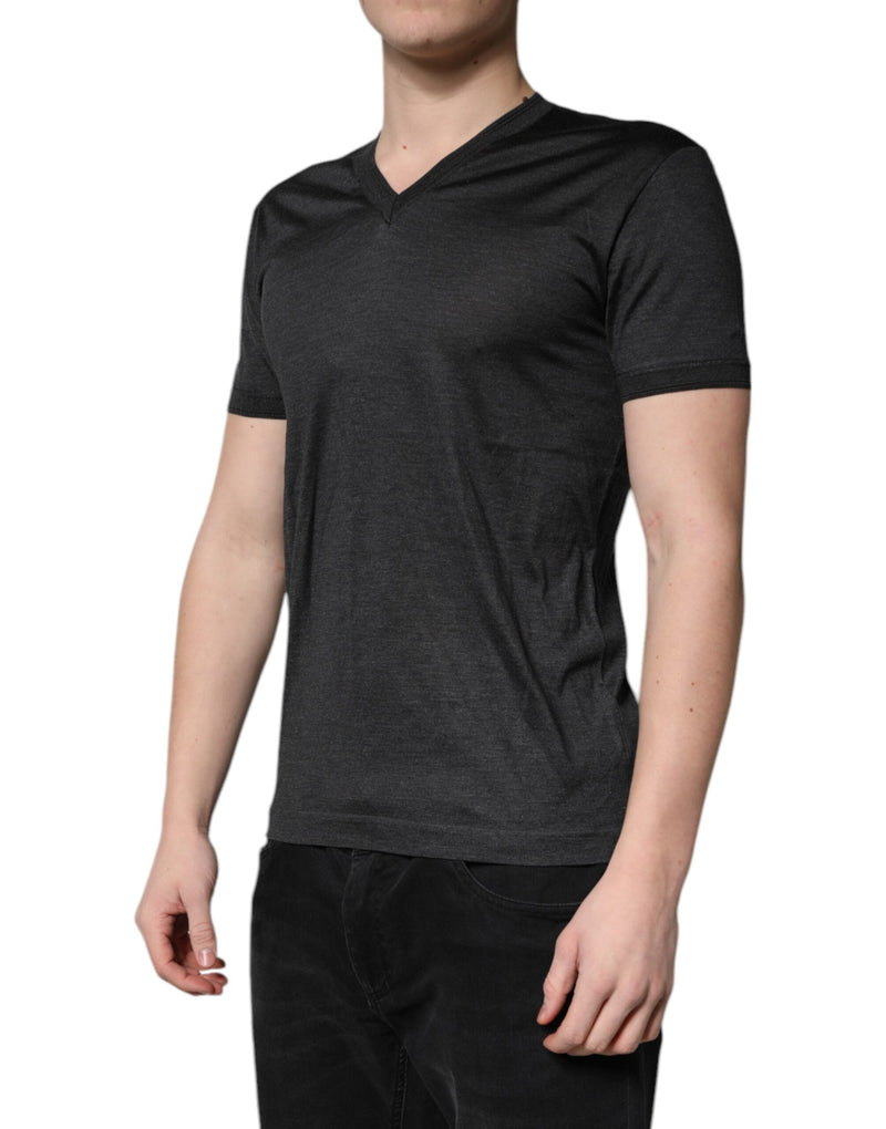 Dark Gray Silk V-neck Short Sleeves T-shirt Dolce & Gabbana