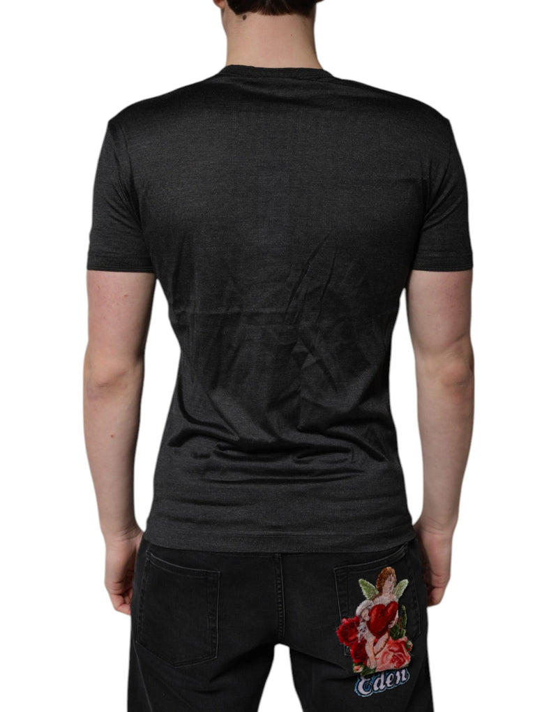 Dark Gray Silk V-neck Short Sleeves T-shirt Dolce & Gabbana