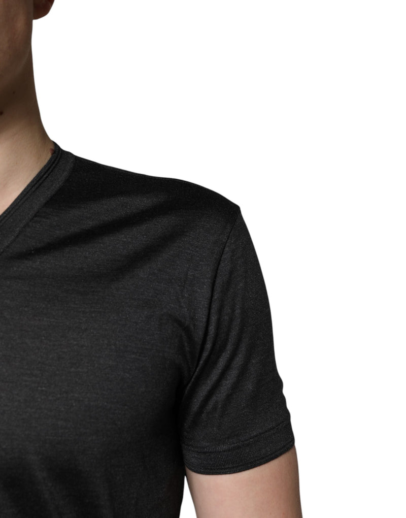 Dark Gray Silk V-neck Short Sleeves T-shirt Dolce & Gabbana
