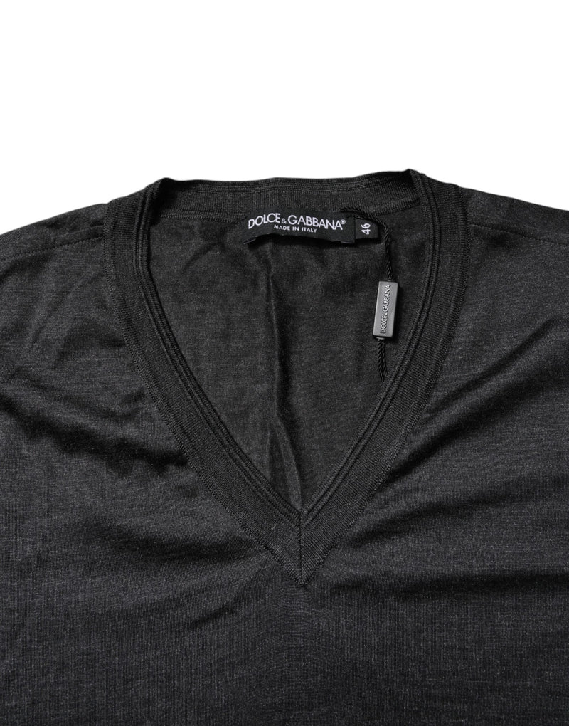 Dark Gray Silk V-neck Short Sleeves T-shirt Dolce & Gabbana