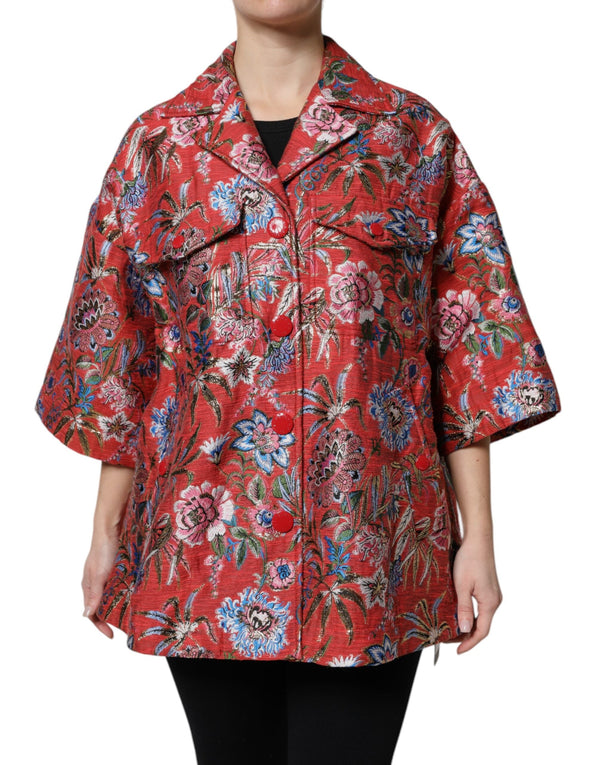 Red Floral Jacquard Button Down Coat Jacket Dolce & Gabbana