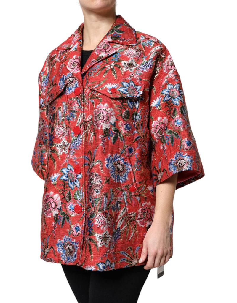 Red Floral Jacquard Button Down Coat Jacket Dolce & Gabbana