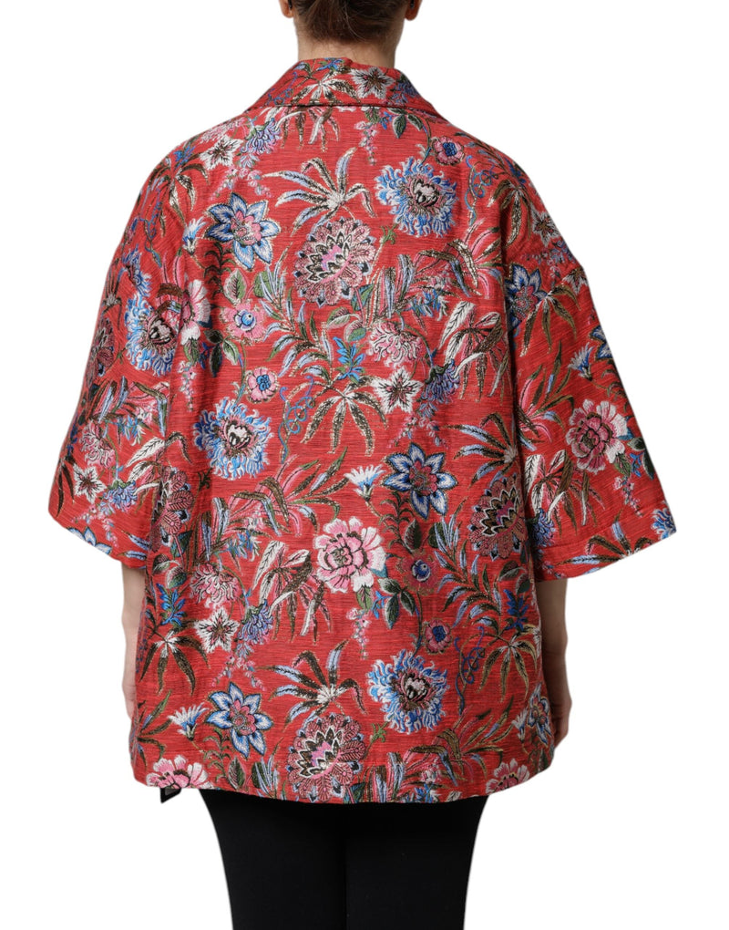 Red Floral Jacquard Button Down Coat Jacket Dolce & Gabbana