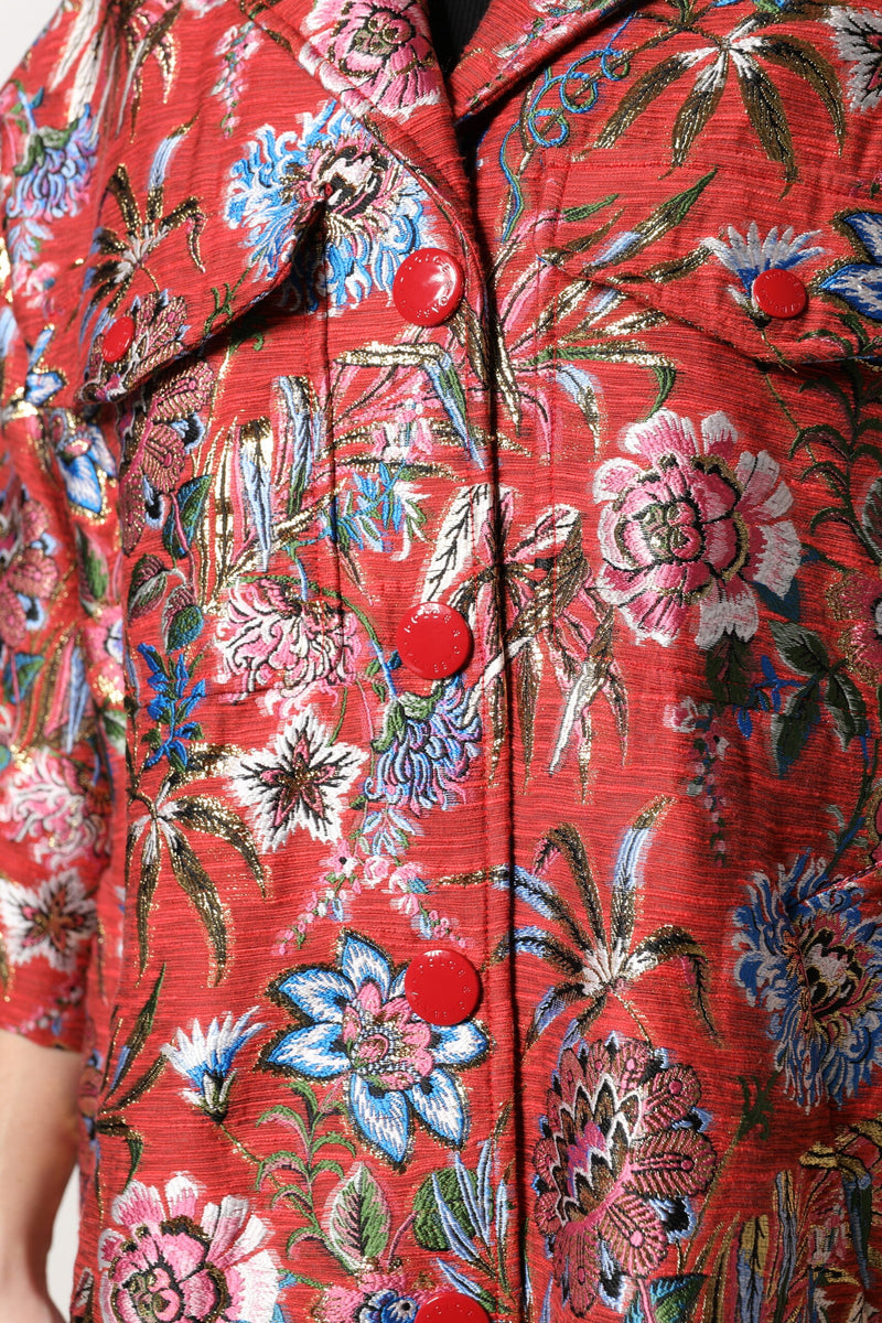 Red Floral Jacquard Button Down Coat Jacket Dolce & Gabbana