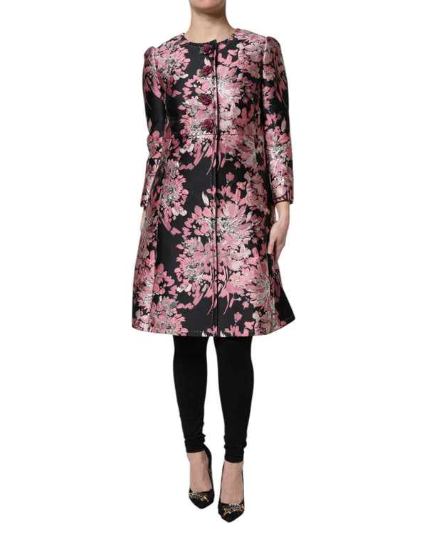 Pink Black Floral Brocade Trenchcoat Jacket Dolce & Gabbana