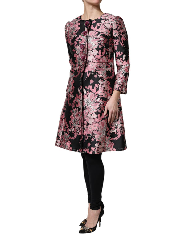 Pink Black Floral Brocade Trenchcoat Jacket Dolce & Gabbana