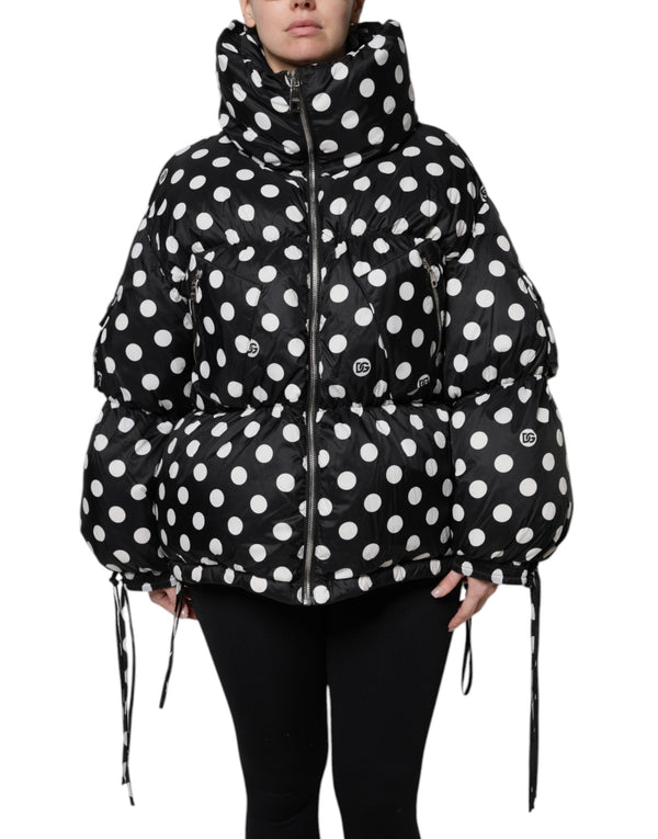 Black White Polka Dot Full Zip Puffer Jacket Dolce & Gabbana