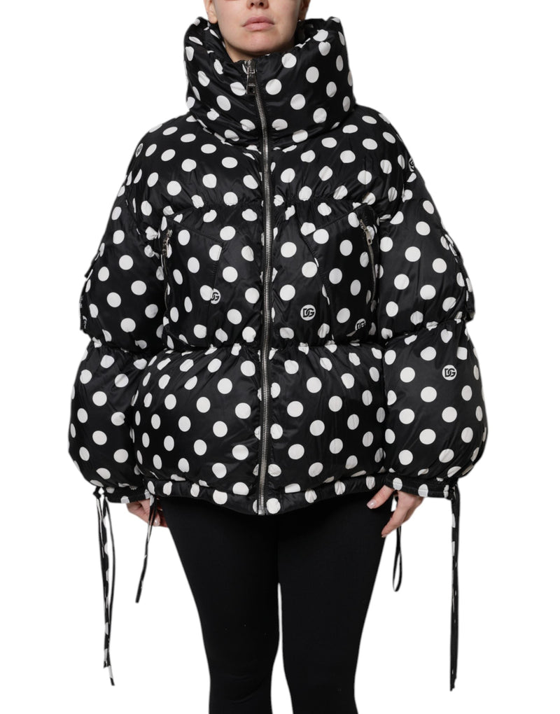 Black White Polka Dot Full Zip Puffer Jacket Dolce & Gabbana