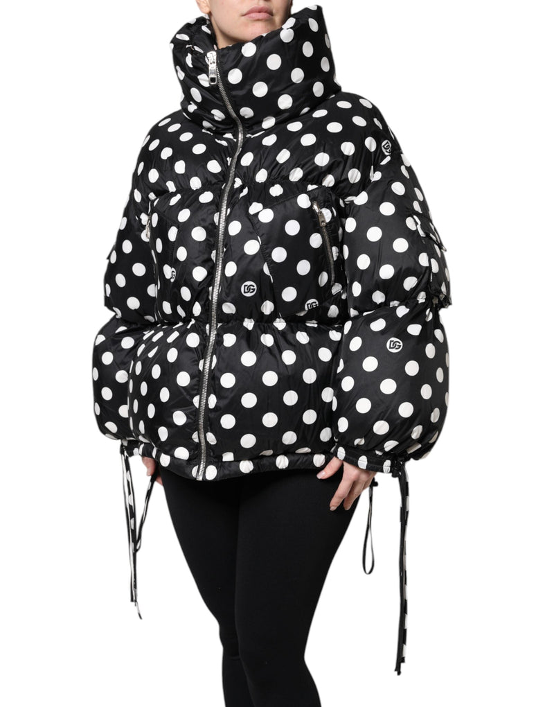 Black White Polka Dot Full Zip Puffer Jacket Dolce & Gabbana