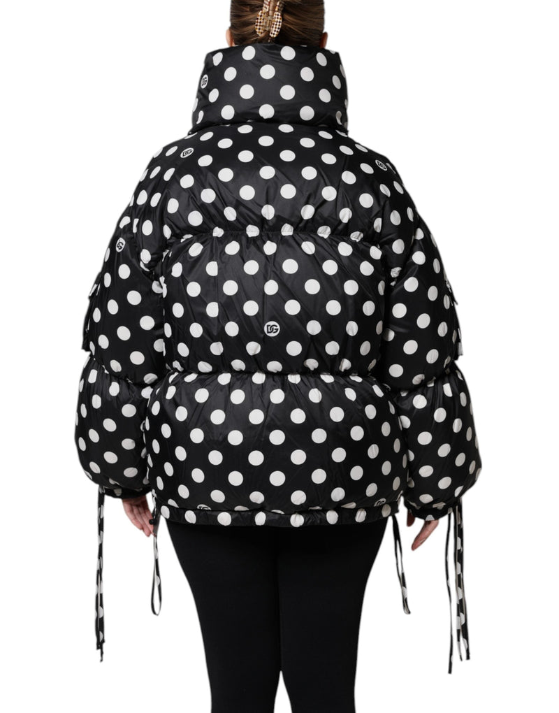 Black White Polka Dot Full Zip Puffer Jacket Dolce & Gabbana