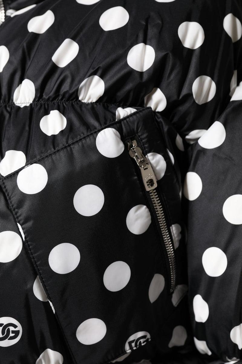 Black White Polka Dot Full Zip Puffer Jacket Dolce & Gabbana