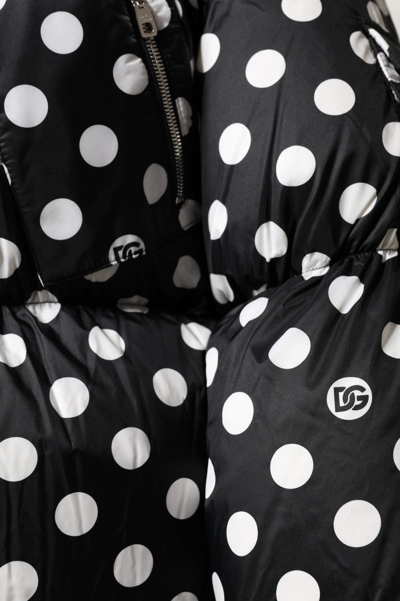 Black White Polka Dot Full Zip Puffer Jacket Dolce & Gabbana